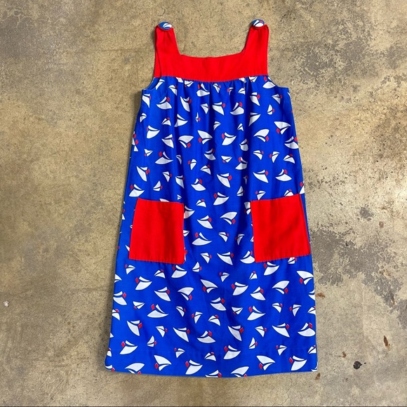 Vintage 1970's Bib Sailboat Print Primary Color Housedress Apron Smock Dress